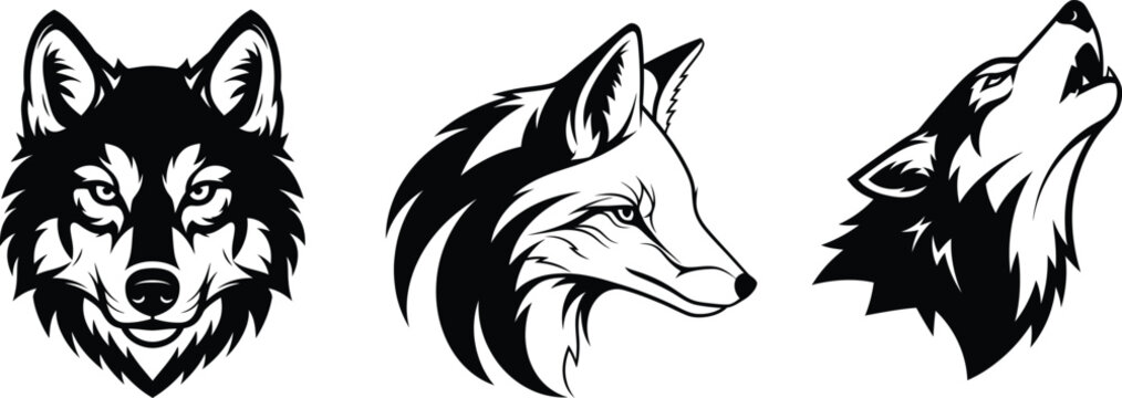A set of three black and white stylized wolf head icons for logo design