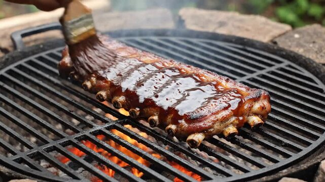 Hand brushing barbecue sauce onto pork ribs grilling over an open fire outdoors