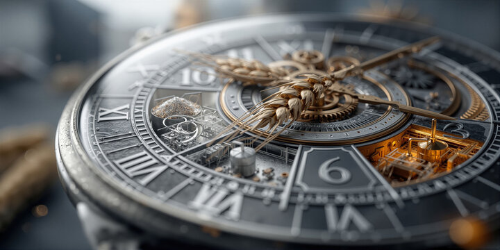 Decorative timepiece focus. Moon disc and gears with amber glow highlight craftsmanship