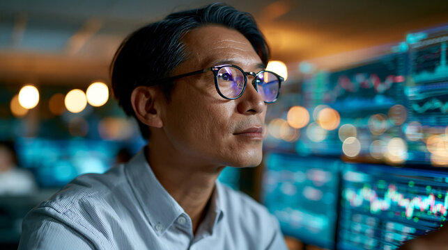 Asian businessman in professional attire viewing holographic graphical user interface screens displaying business analytics, charts, and market data in a modern digital business setting,