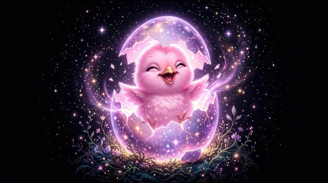 A pink bird hatches from an egg in a magical galaxy environment with sparkling stars and glowing light.