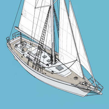 Sailing yacht with white sails on blue water.