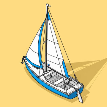 a blue and white sailboat on water.