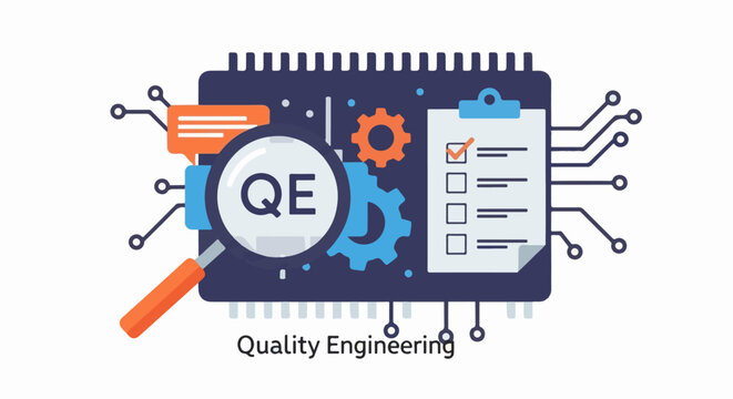 Magnifying glass over 'QE' symbol with gears, checklist, and circuit board elements