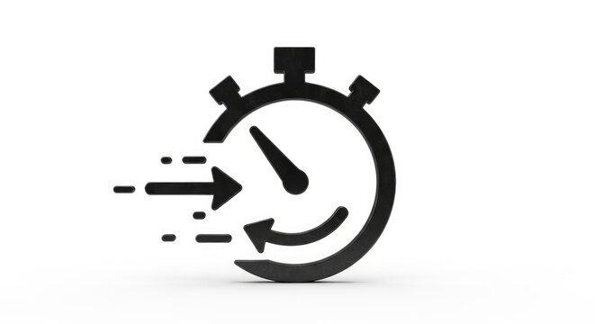 Black and White Stopwatch Icon with Arrow Indicating Speed and Time.