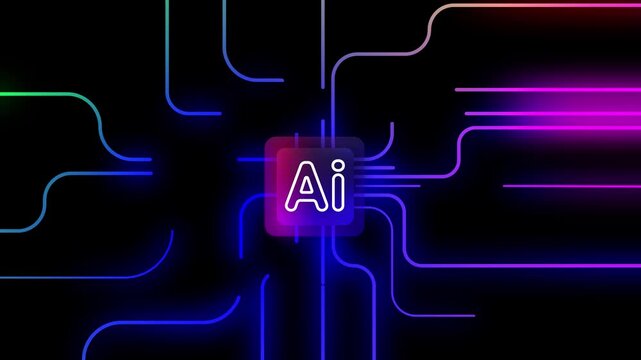 AI icon inside glowing gradient square with animated colorful data lines. Artificial Intelligence neural network on black