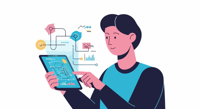 Person interacts with a digital tablet displaying data visualization and graphs