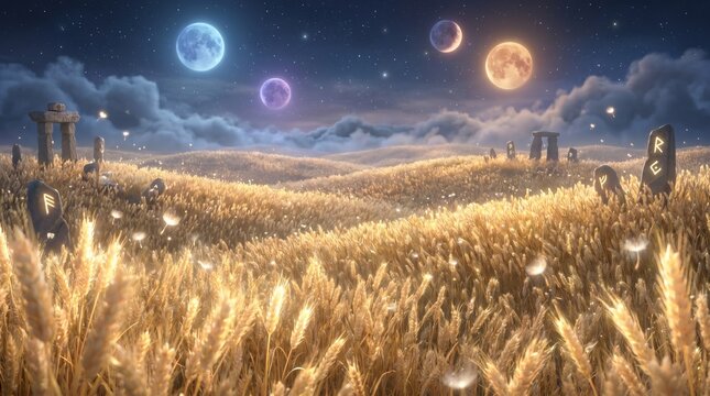 Mystical Golden Wheat Field in a Pocket Dimension Under a Starry Night Sky with Multiple Celestial Moons and Ancient Rune Stones