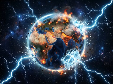 Conceptual image of planet Earth burning and exploding in deep space with electrical energy.