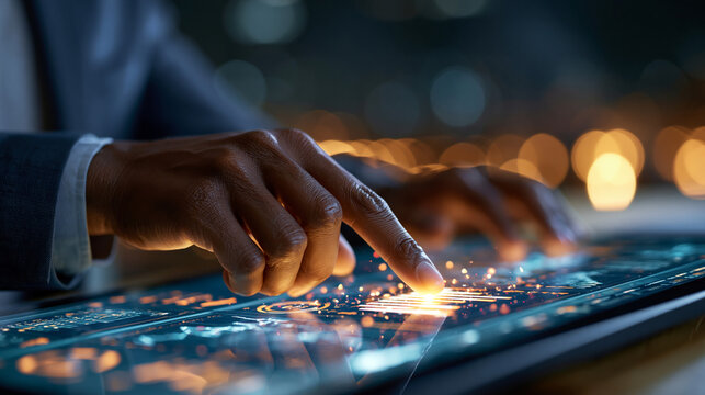 Business professional touching a glowing holographic display panel illustrating simultaneous improvements in quality, speed, and efficiency alongside cost reduction metrics, representing