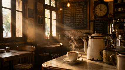 Fototapeta premium Sunlight streams into a cozy cafe, illuminating a steaming cup of coffee and a vintage teapot on a marble table