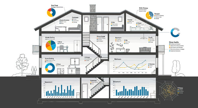 House cross-section infographic with data visualization charts.