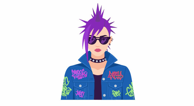 Punk rock icon with purple mohawk, sunglasses, and graffiti-adorned jacket