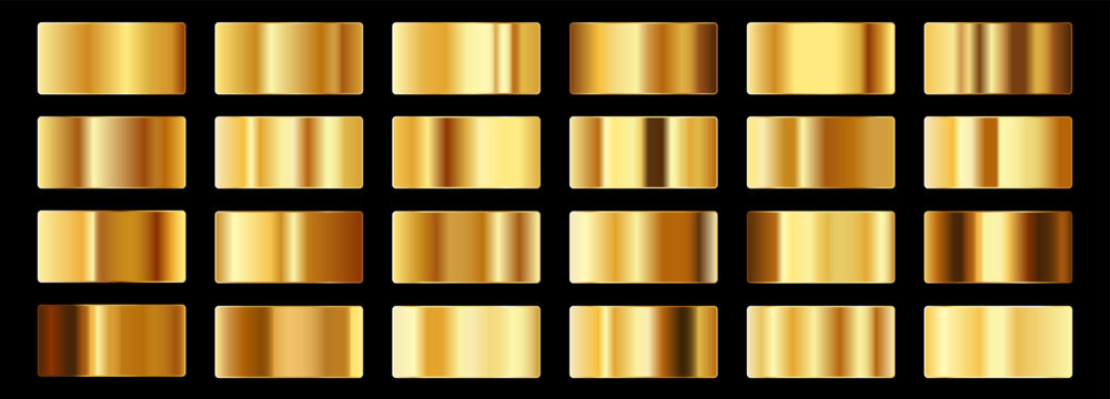 Gold gradient set. Realistic metallic gold textures with smooth gradients and shine effects. Vector illustration for luxury design, premium background and elegant UI concepts.
