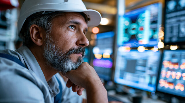 Engineer in a modern industrial control center reviewing predictive maintenance alerts and equipment health dashboards displayed across multiple digital monitors, glowing system status