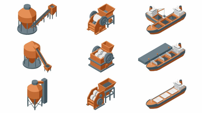 Isometric industrial equipment and cargo ships.