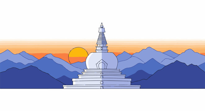Serene mountain vista with a stupa and a rising sun
