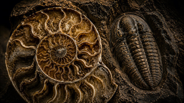 A detailed ammonite fossil showing its spiral chambers rests next to a segmented trilobite fossil embedded inside a rough dark stone matrix.