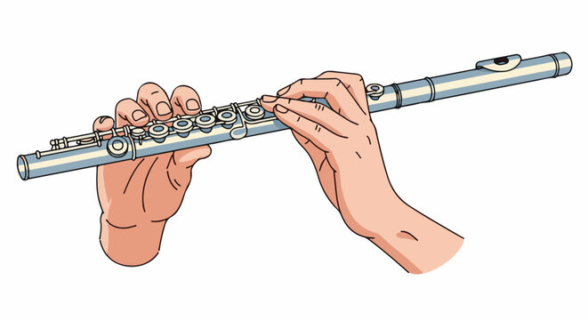 Two hands playing a silver flute with intricate keys and rings