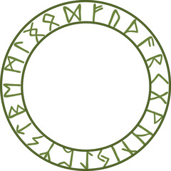 Fototapeta premium Rune inscribed circular frame, line art, olive green.