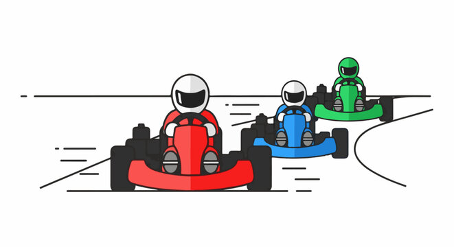 Three go-karts, red, blue, green, racing on a track