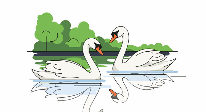 Two elegant swans glide on a tranquil lake with lush trees in the background
