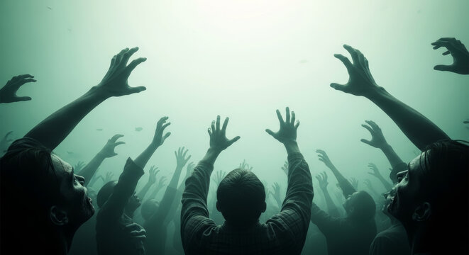 Eerie Underwater Scene of Hands Reaching Up Towards Surface Light