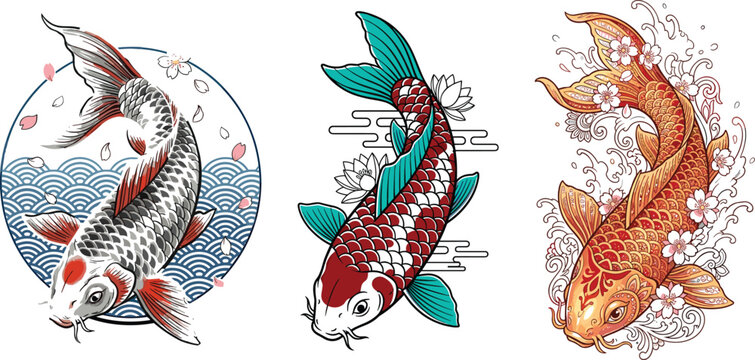 Koi Fish Vector Collection with Black-White, Red-Teal, and Golden-Orange Designs Featuring Japanese Style, Water Patterns, Floral Accents, and Decorative Aquatic Illustrations