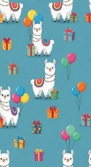 Fototapeta premium Colorful Birthday Theme with Llamas, Balloons, and Gift Boxes