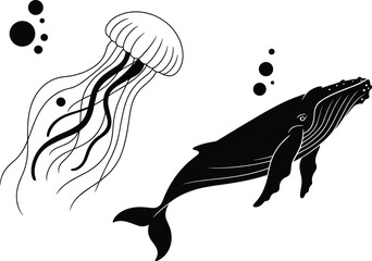 Ocean wildlife silhouette illustration set, jellyfish and whale vector, underwater animals isolated modern marine design © Billal