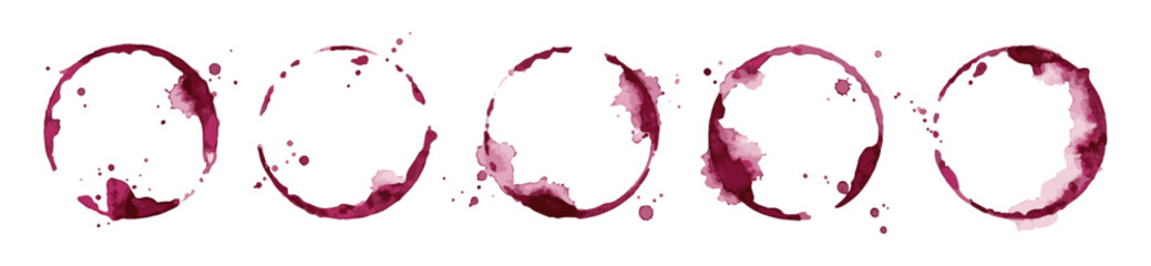 Obraz premium Realistic Red Wine Stains and Circular Glass Rings Vector Set on White Background