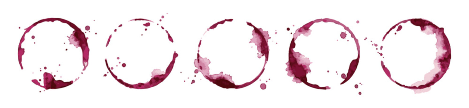 Realistic Red Wine Stains and Circular Glass Rings Vector Set on White Background