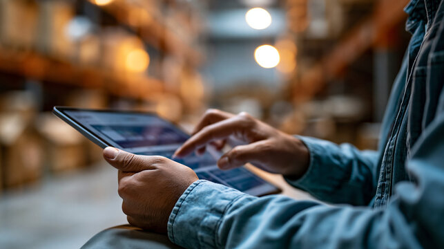 Close-up of male hands using a tablet with a logistics warehouse management application visible on screen, blurred warehouse shelving and boxes softly visible as a contextual background,