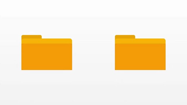 Digital file management animation showing documents moving in and out of yellow folders on a white background