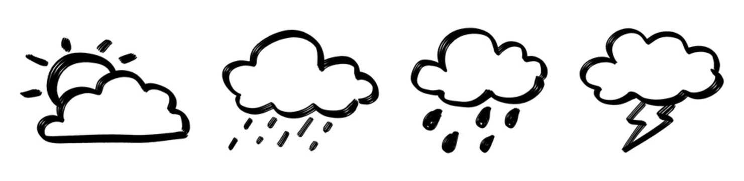Hand Drawn Weather Icons Set with Sun Cloud Rain and Thunderstorm Doodle Elements PNG Collection