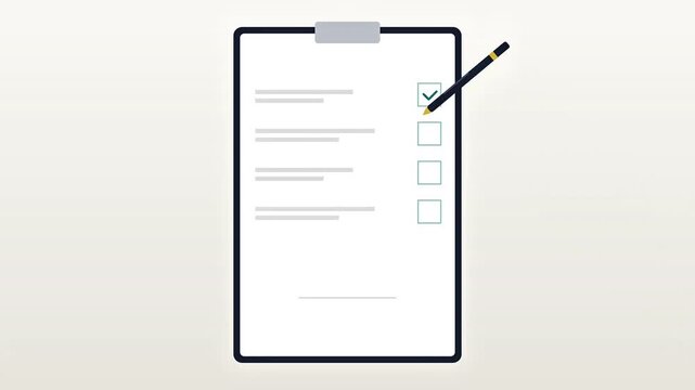 Checklist completion animation on a clipboard with a pencil marking boxes and signing document