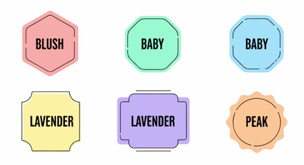Fototapeta premium Six pastel-colored geometric labels with black text Blush, Baby, Baby, Lavender, Lavender, Peak