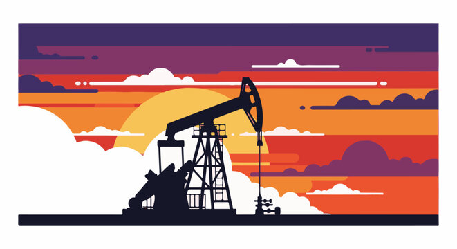 Silhouette of an oil pumpjack at sunset with stylized clouds