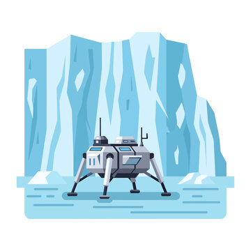 A robotic space lander stands on a cold icy alien planet surface