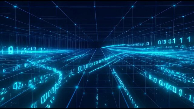 Digital binary code stream flowing through a dark cyberspace grid tunnel 4K video
