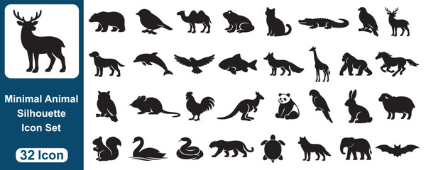 Fototapeta premium Minimal Animal Silhouette Icon Set Wildlife Bird Marine Farm Vector Collection