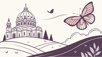 Whimsical vector line art landscape with a cathedral dome and flying butterflies © SABIHA