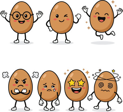 Cute egg character set. Cartoon egg mascot collection. Funny food emoji icons. Brown egg stickers bundle. Kawaii egg with different emotions. Happy egg holding light bulb. Angry egg. Sad egg.