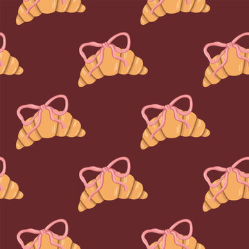 Croissant seamless pattern with pink bows on dark brown background. Childish french bakery design for textile and packaging. Minimalist stylish doodle wallpaper for modern stationery.
