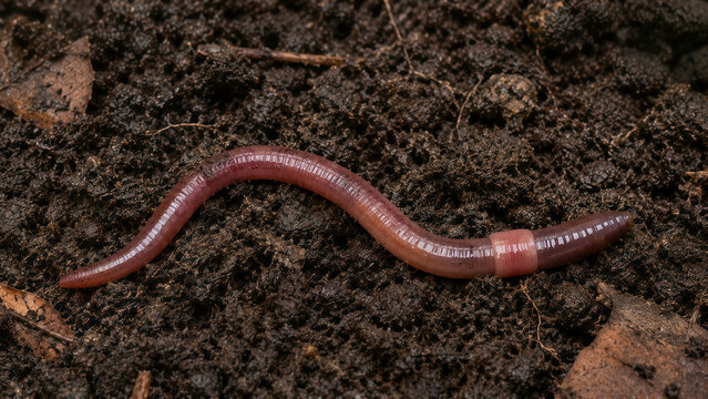 Earthworm crawling on rich dark soil or humus, close up macro shot.