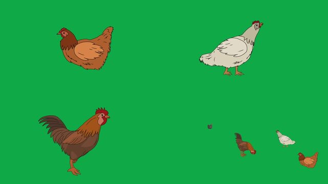 Chicken, Rooster, Chick, Hen 2d animated cartoon character on green screen chroma key background. High quality farm bird walking isolated illustration loop cycle vector animation compositing
