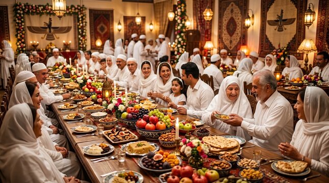 Zoroastrian families celebrating Maidyoshahem Gahanbar with a traditional communal feast, prayers, and spiritual gathering in a warmly decorated ceremonial hall honoring ancient Persian religious trad