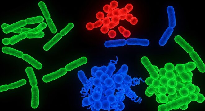 Colorful bacteria colonies under microscope scientific research and microbiology.