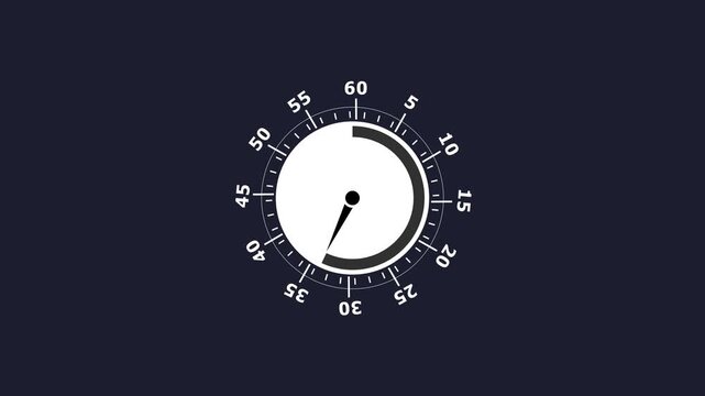 Circular timer with white dial and black hand on dark blue background clock gauge