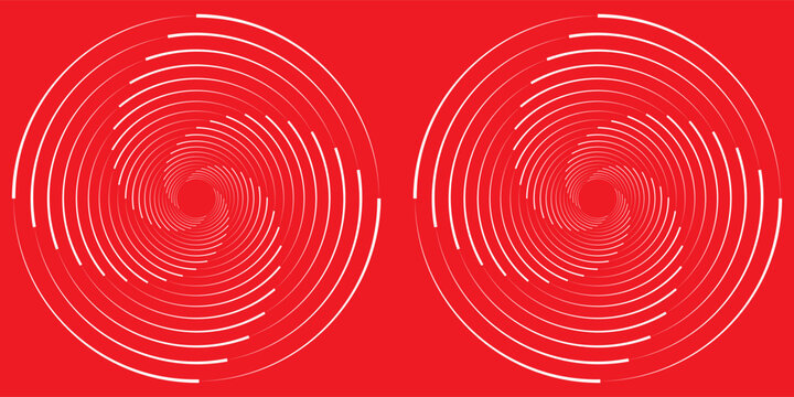 Collection of red concentric circles. Collection of radial sound wave or sonar rings. Pack of radar icon symbols, targets, dashed lines, halftones.
